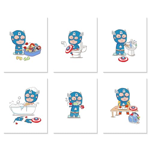 BigWig Prints Capitán América - Decoración de baño para Gamify Hygiene Superhéroe, arte de baño, 300 g/m², papel fotográfico satinado de alta calidad, paquete de 6 unidades sin marco (5 x 7)