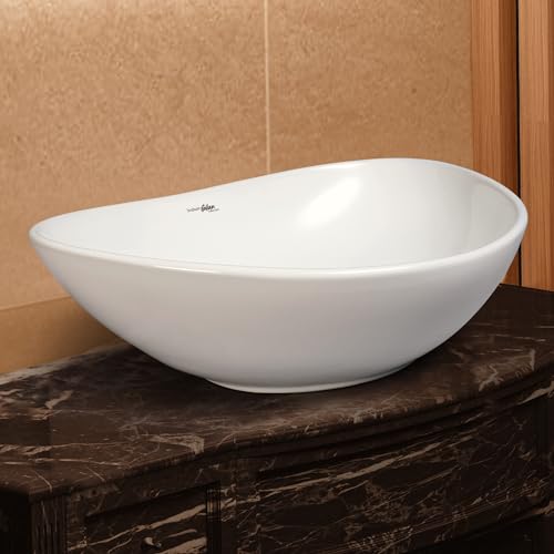 Image of Hindware Italian Collection Essence Table Top Wash Basin for Bathroom | Made of Ceramic | Star White | Oval Shape | Over the Counter Basin