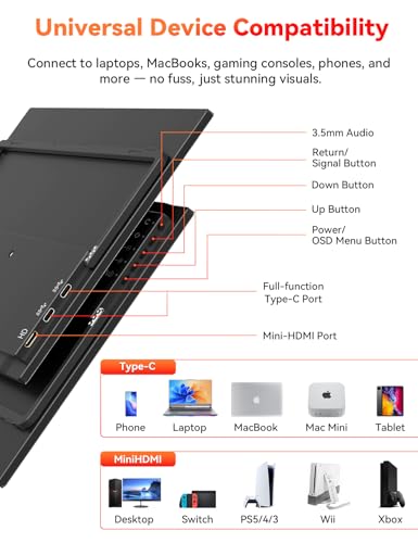 Image of HotYeah Portable Monitor, 15.6-in 1080P FHD Laptop Monitor USB-C HDMI External Computer Display HDR FreeSync IPS w /Kickstand & Speaker, 2nd Screen for Laptop PC Mac Phone Tablet Switch PS5 Xbox