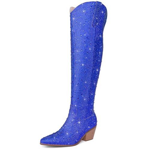 Image of Women Rhinestone Over the Knee Cowboy Boots, Sparkly Bling Cowgirl Boots Western Thigh High Boots Pull-On Side Zippers Chunky Heel Pointed Toe For Concerts, Music Festivals, Parties & Night Out