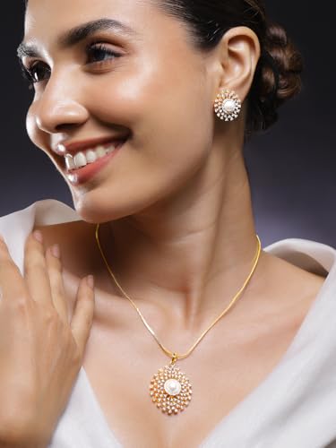 Image of Rubans Pendant Necklace Set American Diamond and Zirconia Gift Jewellery for Women & Girls