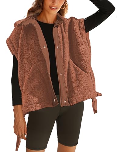 GTLIAE Damen-Weste aus Sherpa-Fleece, übergroß, ärmellos, legere Oberbekleidung mit Taschen, Rost, XL