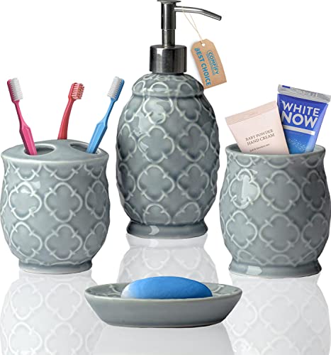 Designer 4-Piece Bathroom Accessory Set – Ceramic Bath Set w/ Liquid Soap or Lotion Dispenser, Toothbrush Holder, Tumbler and Soap Dish – Decorative Set w/ Embossed Details – Modern Vanity Accessories Designer 4-Piece Bathroom Accessory Set – Ceramic Bath Set w/ Liquid Soap or Lotion Dispenser, Toothbrush Holder, Tumbler and Soap Dish – Decorative Set w/ Embossed Details – Modern Vanity Accessories