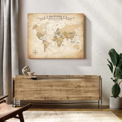 Image of DECORARTS - World Travel Map with Pins, Pin Board Canvas Wall Art, Antique Vintage Old World Maps for Wall, Giclee Print on Canvas, Handcrafted in USA, 30x24''