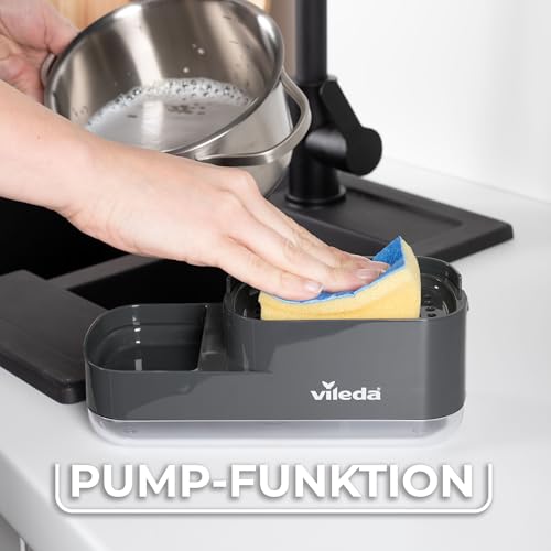 Vileda Pump Spülmittelspender mit Schwammhalter - Praktische 2-in-1-Lösung für die Küche - integrierter Seifenspender für einfaches Dosieren mit Einer Hand - Robustes & Langlebiges Design