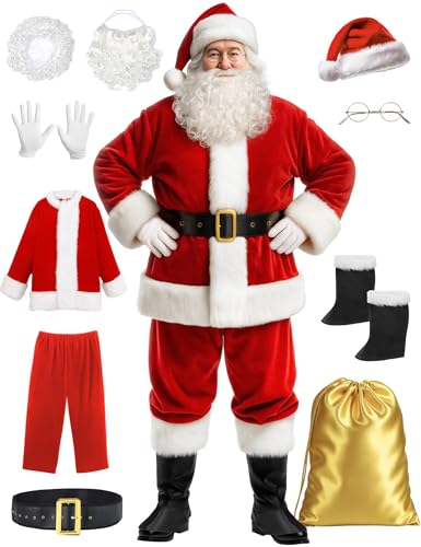 Image of Kofero Santa Claus Costume for Men Santa Suit Adult 10PCS Plus Size Velvet Deluxe Santa Clause Christmas Outfit Holiday Party
