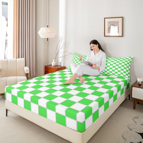 Image of Erosebridal Lime Green Checkered Bedding Set Full Buffalo Plaid Grid Bed Sheets Geometric Gingham Sheet Set Kids Boys Girls,Modern Fashion Fitted Top Sheets 4 Piece