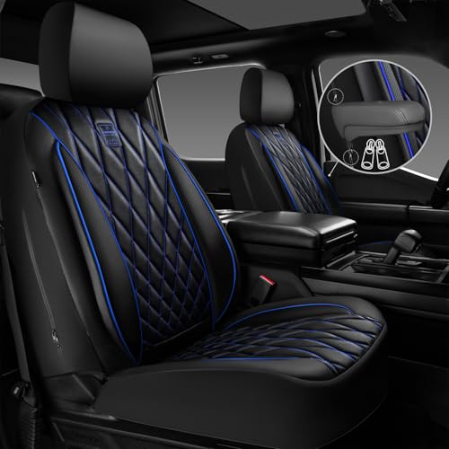 Image of CAR PASS Piping Luxury Leather Seat Covers Full Set,5 Seats Anti-Slip Waterproof Seat Covers Compatible with Front Armrests,Universal Fit for Sendan SUV Van Truck,Airbag Compatible,Black and Blue
