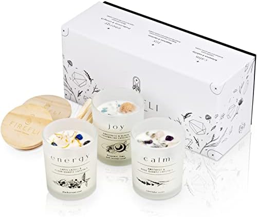 Firefli Crystal Candles 3-Piece Crystal Candle Set with Wood Lids & Dried Flowers | Candles Gifts for Women | 3.5oz Manifestation Candles with Crystals Inside | Soy Wax Scented Luxury Candles