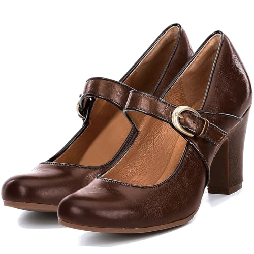 Image of SHODENSE Women Vintage Chunky High Heel Mary Jane Shoes Round Closed Toe Ankle Strap Dress Sandals 3 inch Block Heels Mary Jane Lolita Pumps Two-Toned Patchwork Buckle Office Lady Wedding Retro 4-11 M US