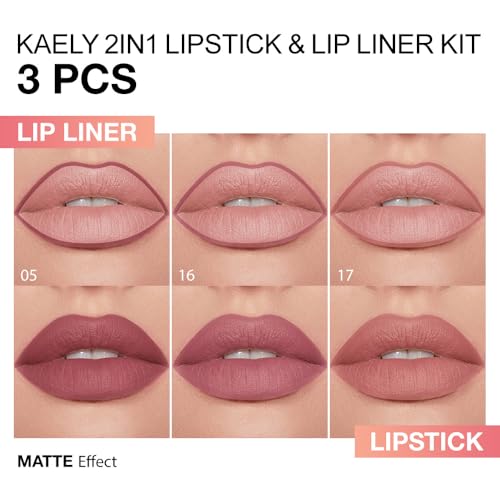 Image of Kaely 3Pcs Gradient Matte Lipstick Lip Liner Pencil Set for Women, 2in1 Flawless Contour Gradual Ombre Effect Lip Pencil Makeup Waterproof, labiales mate 24 horas originales, 05+16+17