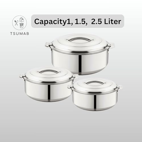 Image of 1000 ml, 1500 ml, 2500 ml Double Wall Insulated Stainless Steel Casserole Set of 3 | Hot Pot for Roti, Rice, Gravy, Curry | Silver Hot Box with Steel Lid & Twist Lock