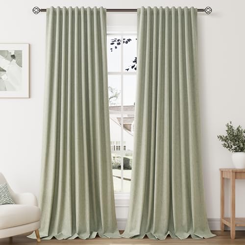 Sage Green Linen 100% Blackout Curtains for Bedroom 90 Inch Length 2 Panels Set Back Tab Pocket Neutral Farmhouse Living Room Darkening Curtain Track System Thermal Insulated Black Out Drapes 52x90