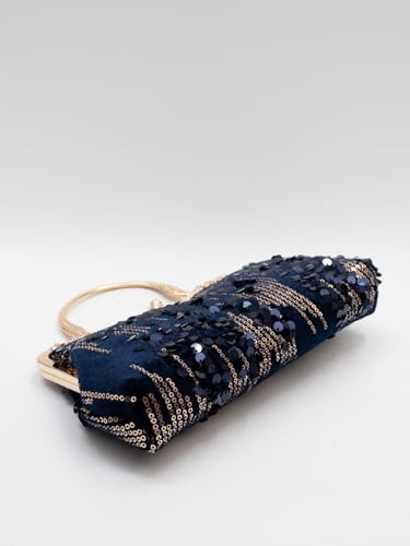 lapulio Abendtasche im Vintage-Stil mit Pailletten aus Samt, Blumenmotiv, geeignet für Bankett, Hochzeit, Party, formelle Anlässe, Marineblau, samll