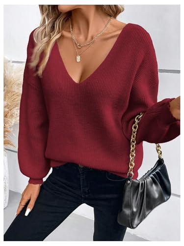 Image of GORGLITTER Women's Bow Fall Sweaters 2025 Cable Knit Chunky Oversized Long Sleeve Backless V Neck Pullover Tops