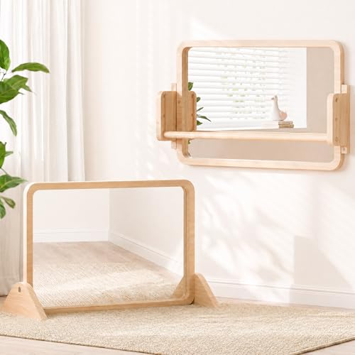 Woodtoe 3-in-1 Montessori Mirror with Bar Adjustable Toddler Mirror & Pull Up Bar Montessori Learning Toy for Baby 6-18 Months Nursery Mirrors Natural Wood Furniture for Daycare Kids Classroom