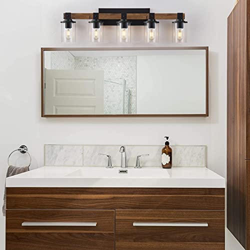 Image of DUJAHMLAND Farmhouse Vanity Lights, 5-Light Wood Bathroom Wall Lighting with Clear Glass, Industrial Metal Wall Sconce for Bedroom, Kitchen, Hallway (Antique Wood, 5-Light)