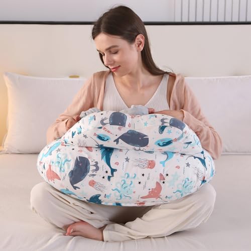 VASSVIO Nursing Pillow, Maternity Breastfeeding Pillow for Mom, Removable Cotton Cover, Adjustable Waist Strap and Safety Fence, Water Animal Pattern