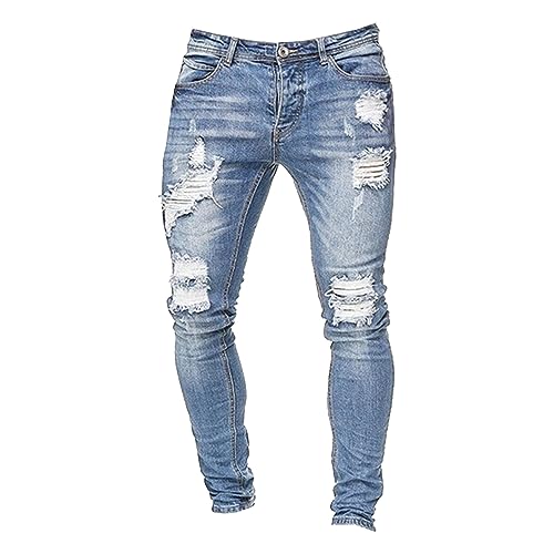 JEKE-DG Men's Ripped Slim Fit Jeans Skinny Stretch Straight Fit Denim Pants Distressed Destroyed Biker Trousers with Pocket (X-Large,Light Blue 1)