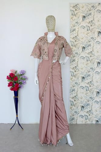 Image of infabzon Ready To Wear Indo Western Drape Saree & Koti Set For Womens Bollywood Style Satin Creap Silk fabric With Multicolor Embrodery Cording Sequance Work Pink