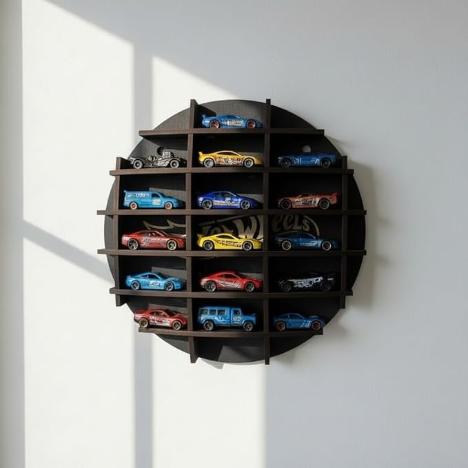 Image of Diecast Car Display Shelf with Custom Name Print | 14-16 Slot Wall Mounted MDF Wooden Rack for 1:64 Scale Cars | Circular Toy Car Organizer & Kids Room Garage Decor (Black)