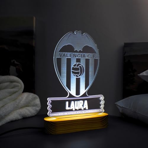 DEREGALOOS Lámpara LED Personalizada de fútbol. Lámpara equipo de fútbol Valencia. Lámpara con base de madera. Decoración equipo fútbol (Valencia)