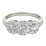 HEARTS AND YOU Anillo de compromiso de trilogía de halo floral de circonita cúbica de corte redondo para mujer, chapado en oro blanco, Metal no precioso, Zirconia cúbica