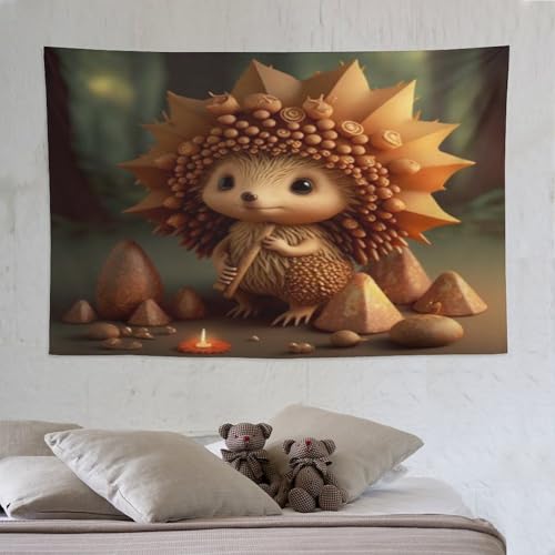 Tapisserie murale hérisson grand format 150x230cm en tissu pour tenture de chambre esthétique