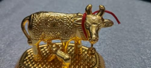 Image of Kamdhenu Cow and Calf Idol for Home Decor | Gold Finish Gau MATA Murti | Vastu Showpiece for Home Temple Pooja Room Office Desk | Spiritual Religious Gift | Housewarming Diwali Decor