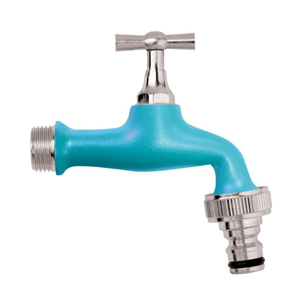 Schläfer 435220 | Robinet de jardin coloré 1/2 x 3/4 Pouce robinet fontaine jardin en laiton, robinet pour extérieur avec porte-caoutchouc à greffage rapide, couleur bleu turquoise mat.