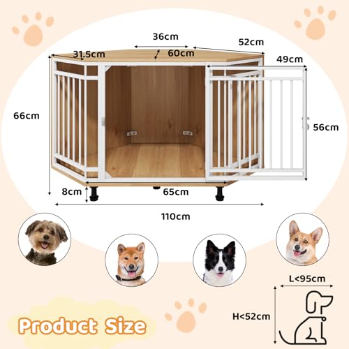 VOWNER Ecke Hundekäfig, Holz Hundebox mit abschließbarer Tür, Möbelstil Haustierbox für Zuhause, Leicht zu reinigen und platzsparende für kleine/mittlere Hunde, 110 X 66 X 60 cm, Weiß