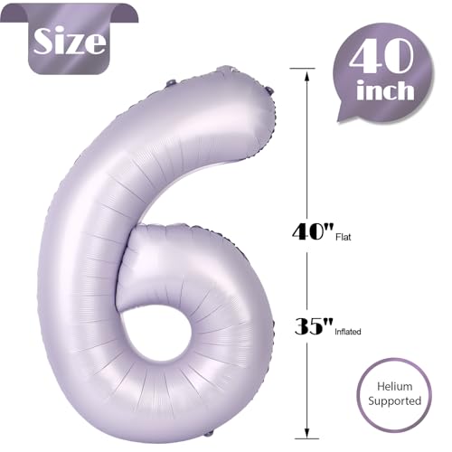 Image of Lilac 6 Balloon, Number Balloons 40 Inch, 6th Balloons for Birthday Decorations, Lavender Party Supplies 6 Birthday Balloon, Number 6 Balloon