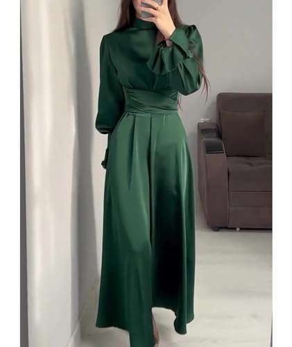 xxxiticat Women's Green Satin Dress Long Lantern Sleeve Mock Neck Puff Shoulder Tie Waist Pleated Cocktail Maxi Slip Dresses2