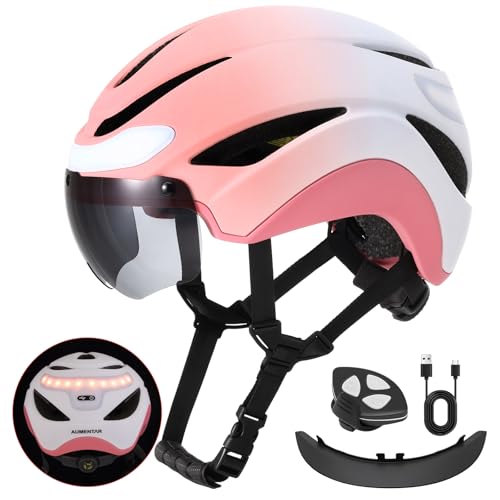 Image of AUMENTAR Adult Bike Helmet with USB Rechargeable LED Front & Rear LED Light Mountain Road Cycling Helmets for Men Women Bicycle Helmet Removable Goggles Gradient Pink