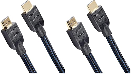 Image of Amazon Basics Nylon-Braided HDMI 2.0 Cable, 15ft, 4K@60Hz, 18Gbps, 2160p, 48 bit, Compatible with TV /PS5 /Xbox /Roku /Blu-ray, Ethernet, Black & Blue (Pack of 2)