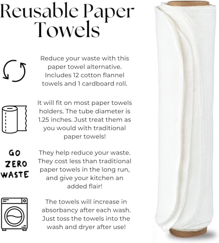 Vi-tal Health & Wellness Paperless Towels Roll Washable Cotton Cloth, Reusable Paper Towels - 10 Pack with Durable Cardboard Roll - 10