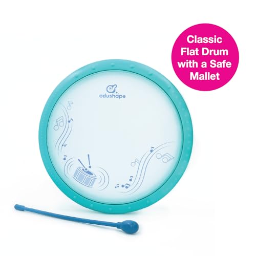 Edushape Classic Flat Drum for Baby with Easy-Grip Mallet - Set of 1 Blue Color Baby Drum Toy for Toddlers, 2-Year Old and Up - Small Drums Musical Toy for Babies, Fun Tummy Time, Sensory Development