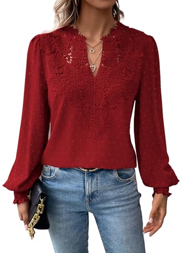 TUUHAW Camicia Donna Autunno Scollo a V Casual T-Shirt con Volant Manica Lunga Boho Top Allentate Maglietta Elegante Pizzo Blusa Vintage Camicetta Tinta Unita Classico Abbigliamento Rosso XL