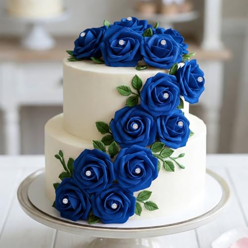 Image of 100Pcs Real Looking Royal Blue with Diamonds Artificial Rose Flower Heads, Foam Fake Roses for DIY Wedding Decorations Baby Shower Centerpieces Home Party Valentine's Day Mother's Day Decor