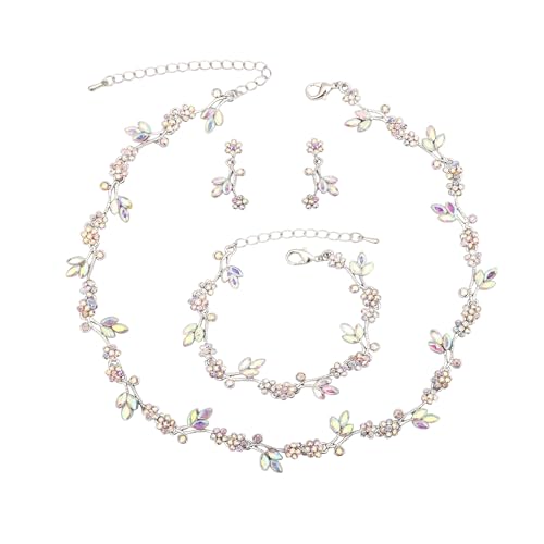 Brides Bridesmaid Flower Leaf Choker Necklace Dangle Earrings Link Bracelet Austrian Crystal Wedding Jewelry Set for Prom Costume Party Accessories for Woman (AB-White Platinum Plated)