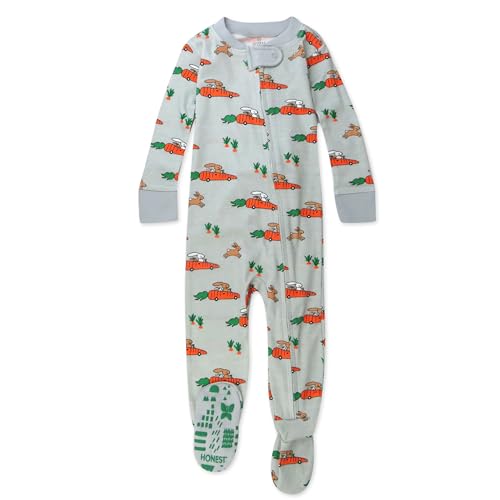 Image of HonestBaby Non-Slip Footed Pajamas One-Piece Sleeper Jumpsuit Zip-Front PJs 100% Organic Cotton for Baby Boys, Racing Rabbits, 12 Months