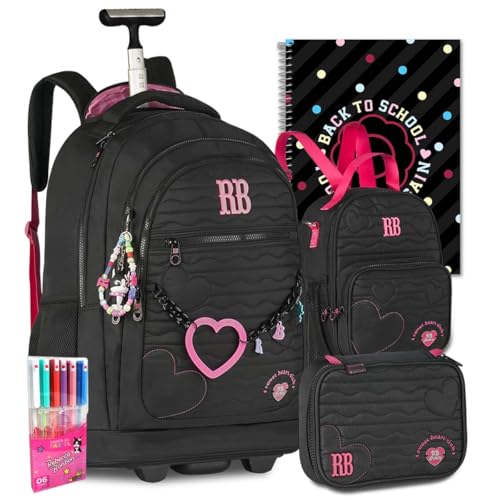 Kit Mochila RB Rebecca Bonbon Rodinha Carrinho Lancheira Estojo Escolar Meninas Resistente Infantil Juvenil (Preto)