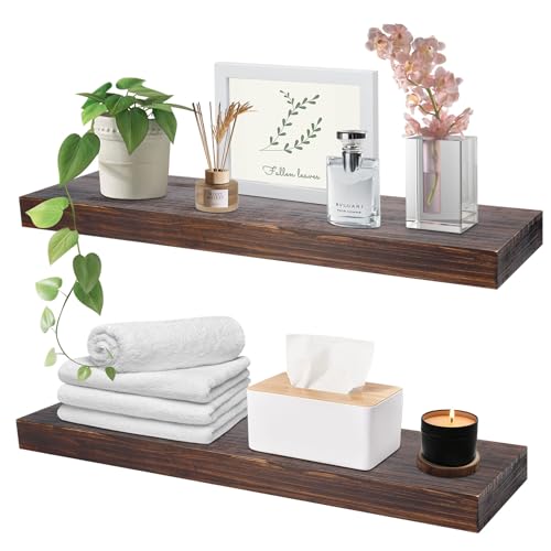 Floating Shelves for Wall,Deep Walnut Wall Shelf Natural Wood 16 Inch Bathroom Shelves Over Toilet,Wall Mount Nursery Book Shelves with Invisible Brackets Set of 2 for Bedroom Living Room Kitchen