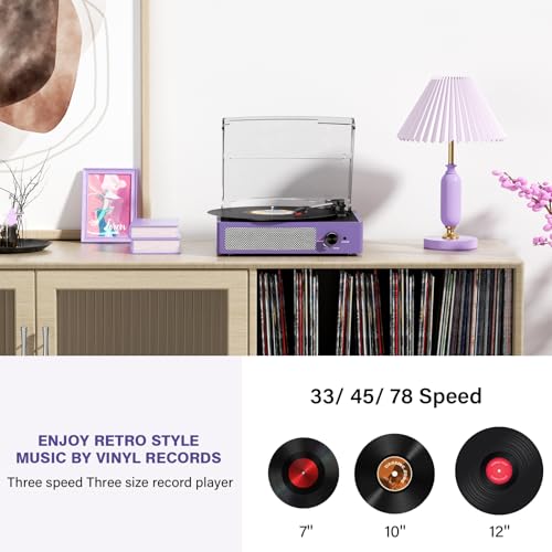 Image of cotsoco Vinyl Record Player Bluetooth,Belt-Drive Turntable with Stereo Speakers Vintage Phonograph Vinyl Record Player 3 Speed 3 Size for Home Decoration,Aubergine