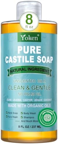 Pure Castile Liquid Soap Organic (EWG Verified, Unscented, 8 OZ), Made with Organic Oils, No Added Fragrance, Vegan, Castile Soap Liquid for Face, Laundry, Dishes, Sensitive Skin, Travel soaps