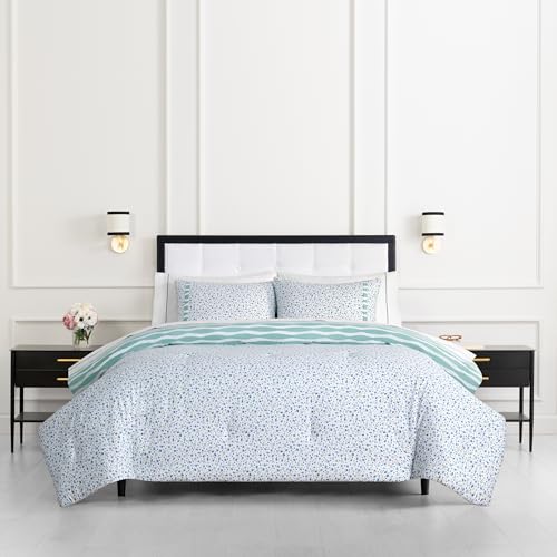 Image of kate spade new york Rhythmic Geo Full /Queen Comforter Set, 300 Thread Count Cotton Sateen Reversible Cover, All Season 3 Piece Bedding, Machine Washable, Blue Aqua Tourmaline