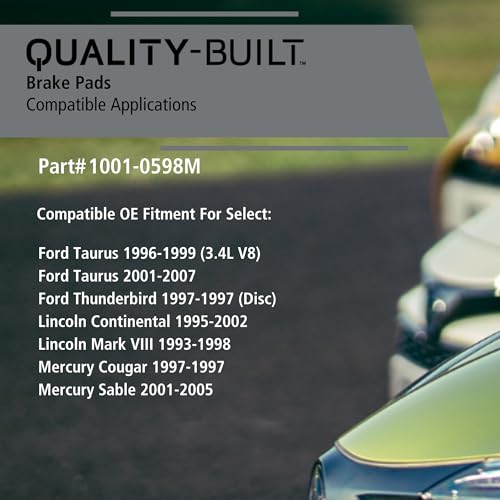 Image of QUALITY-BUILT Front Semi-Metallic Brake Pads, Premium 1001-0598M, Compatible with 1993-2007 Ford /Lincoln /Mercury (Continental, Cougar, Mark VIII, Sable, Taurus, Thunderbird)