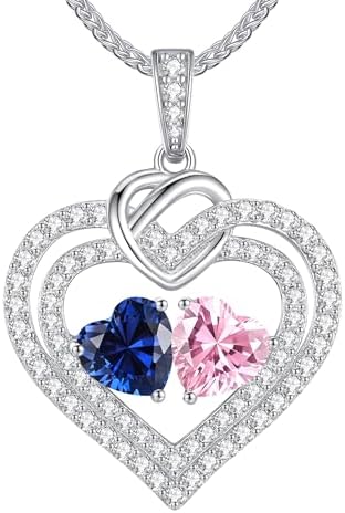 LOUISA SECRET 925 Sterling Silver Two Hearts Birthstone Necklace ...