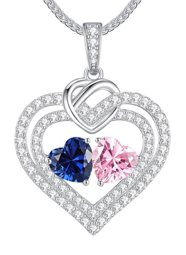LOUISA SECRET Collares brillantes de piedra natal de doble corazón para mujer, plata de ley 925, joyería fina, collares con colgante de corazón, regalo de cumpleaños, aniversario, Navidad, para