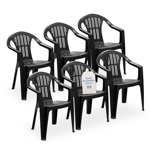 Tomaino - Sedie Da Giardino In Plastica - Set 6 Sedie Plastica Impilabili Con Braccioli - Sedia Giardino Per Esterno, Campeggio o Bar - Nero